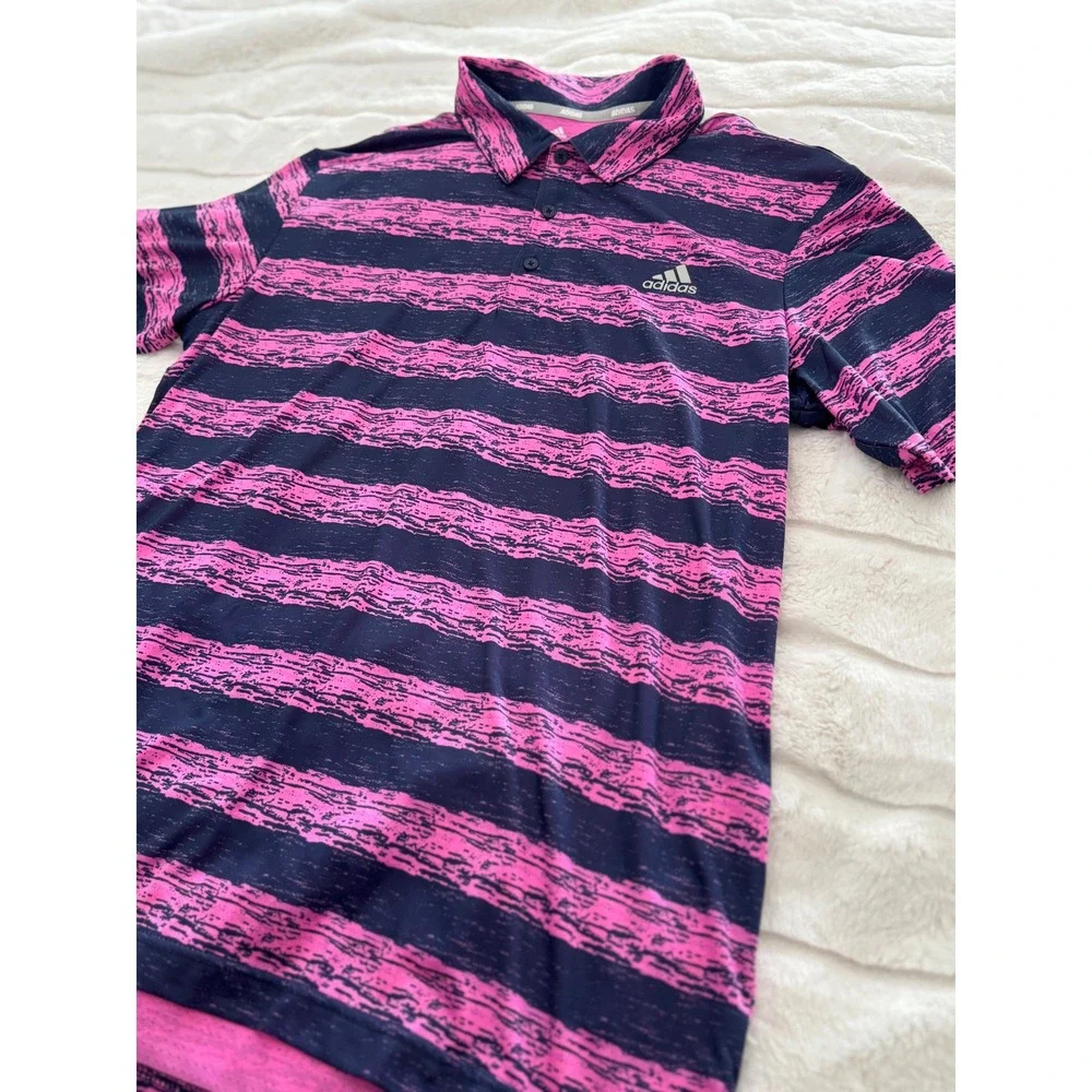 Adidas Golf Polo Shirt XL Pink Navy Striped Performance Short Sleeve Mens